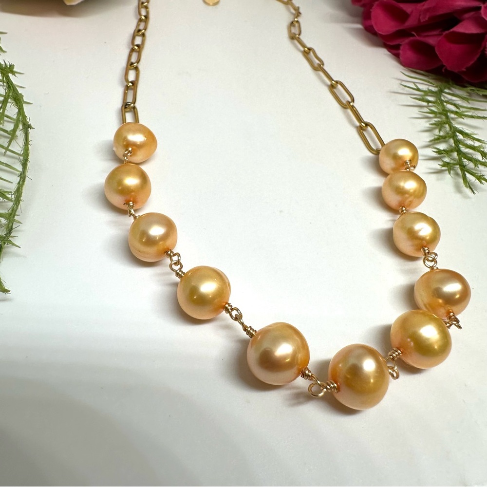 NEW⚜️Freshwater Peach Pearls Chain Beaded Necklace - Picture 5 of 6